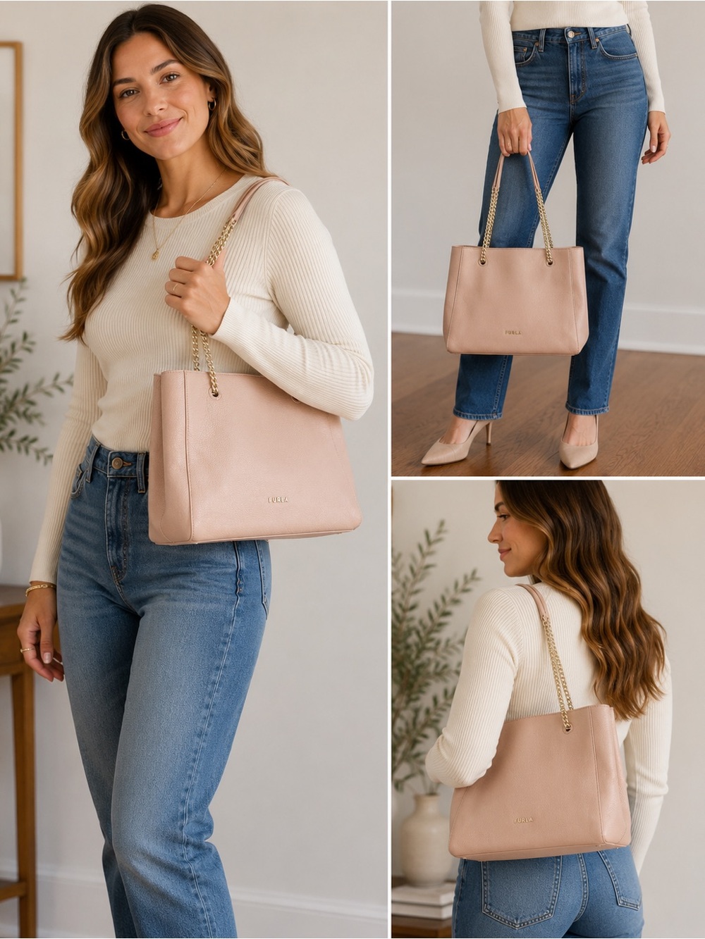 Furla Blush Pink Pebbled Leather Tote | Genuine Leather | Gold Chain